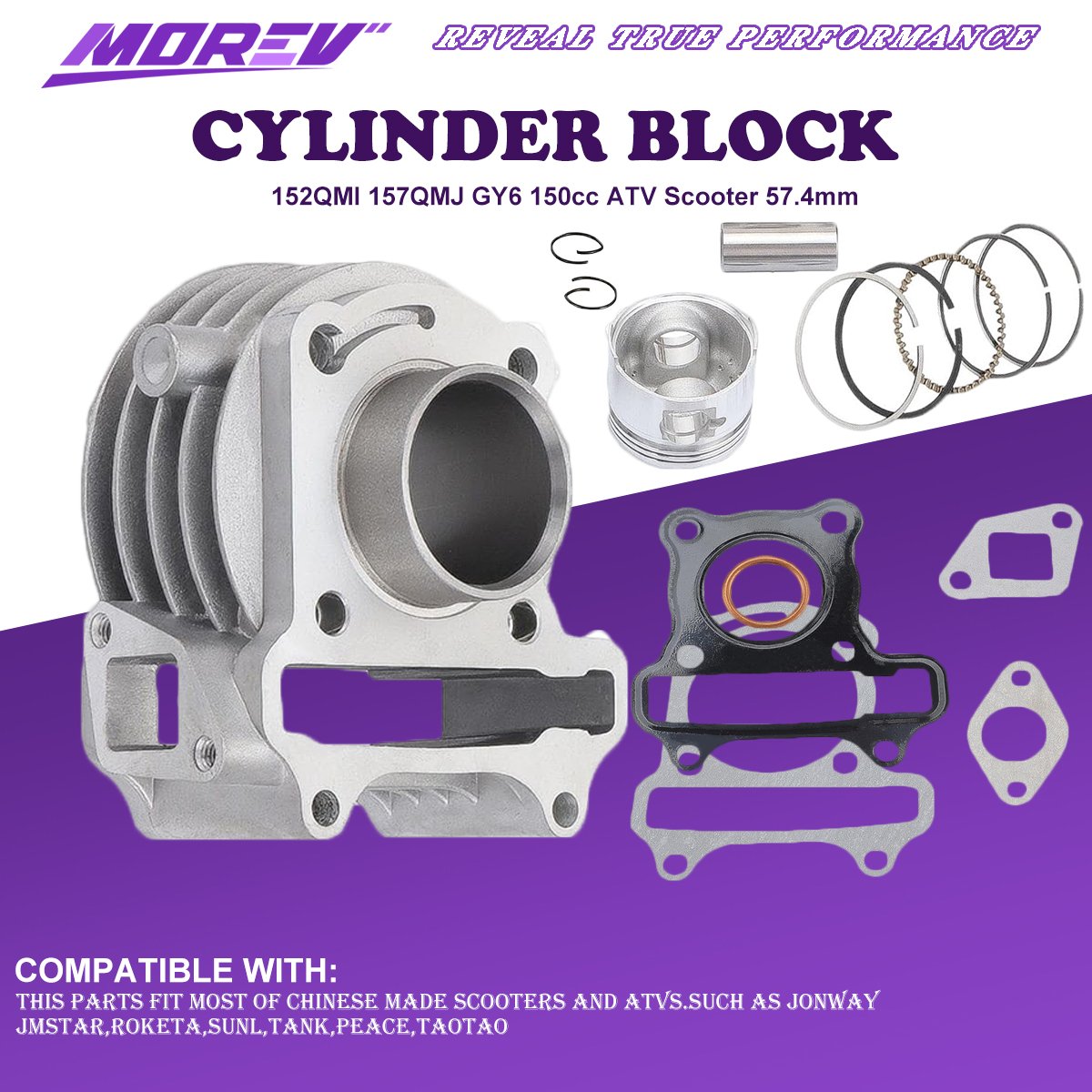 57.4mm Bore Cylinder Kit with Piston for 4 Stroke GY6 150cc ATV 157QMJ Engine